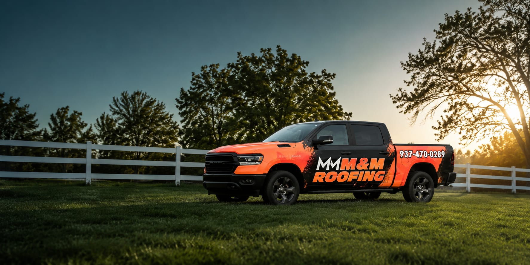 M&M Roofing truck at sunset — serving Troy, Dayton & the Miami Valley, OH